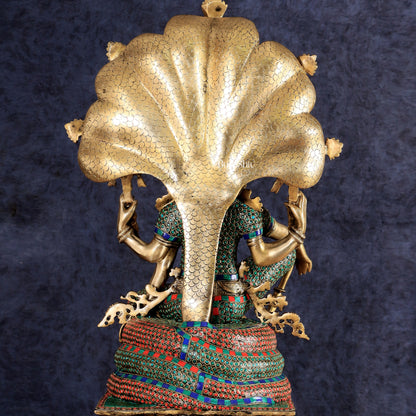 Brass large sitting Lord Vishnu Sculpture with stonework | 28 inch