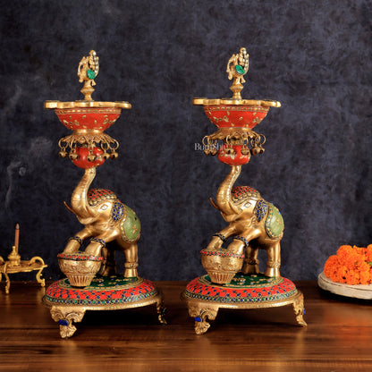 Exquisite Brass Peacock and Dancing Elephant Lamp Pair | 18"