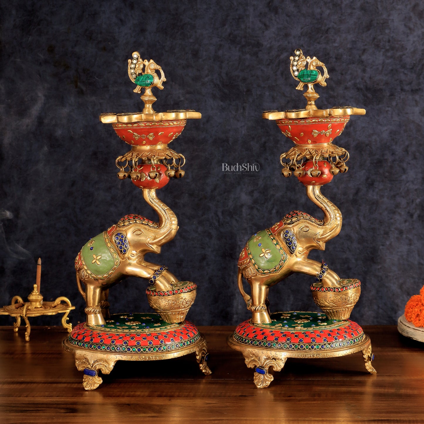 Exquisite Brass Peacock and Dancing Elephant Lamp Pair | 18"