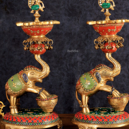 Exquisite Brass Peacock and Dancing Elephant Lamp Pair | 18"