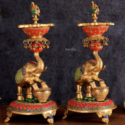 Exquisite Brass Peacock and Dancing Elephant Lamp Pair | 18"