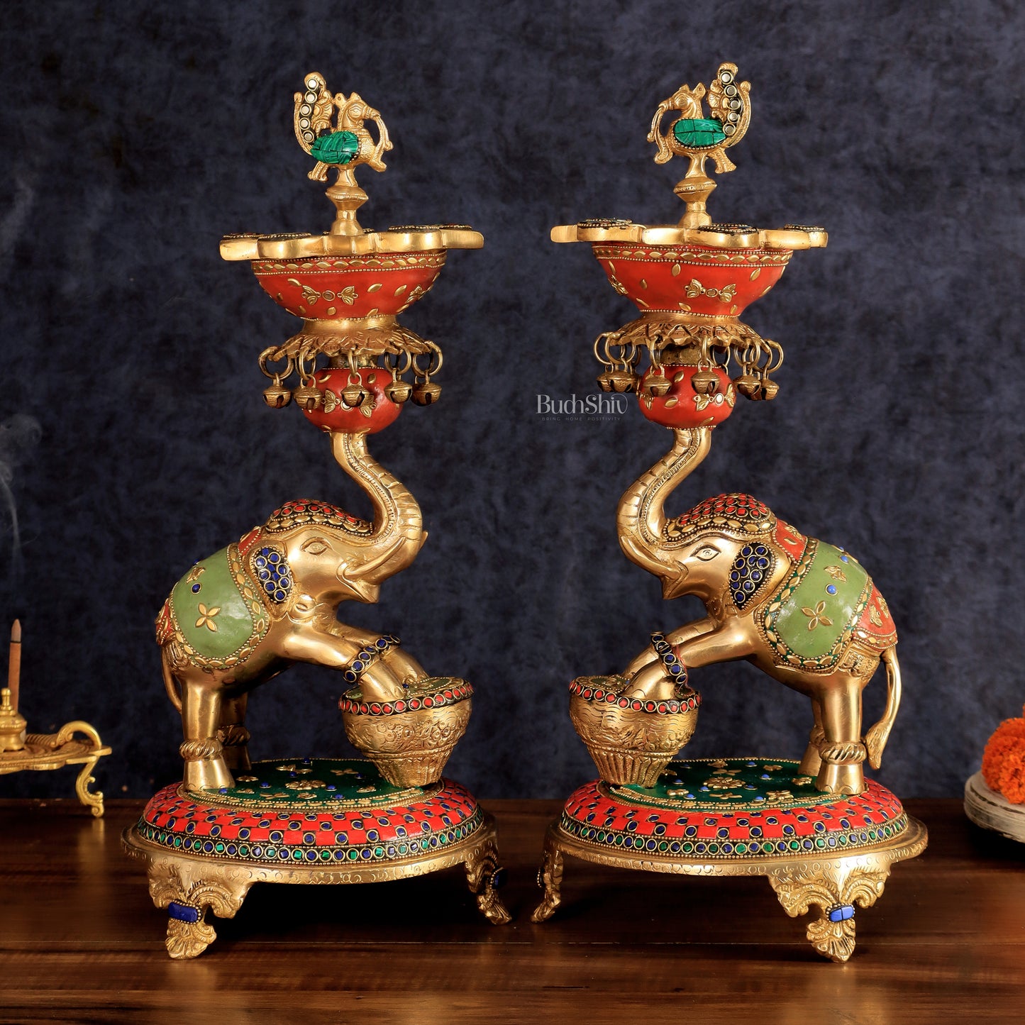 Exquisite Brass Peacock and Dancing Elephant Lamp Pair | 18"