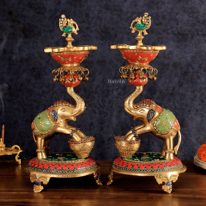 Exquisite Brass Peacock and Dancing Elephant Lamp Pair | 18"