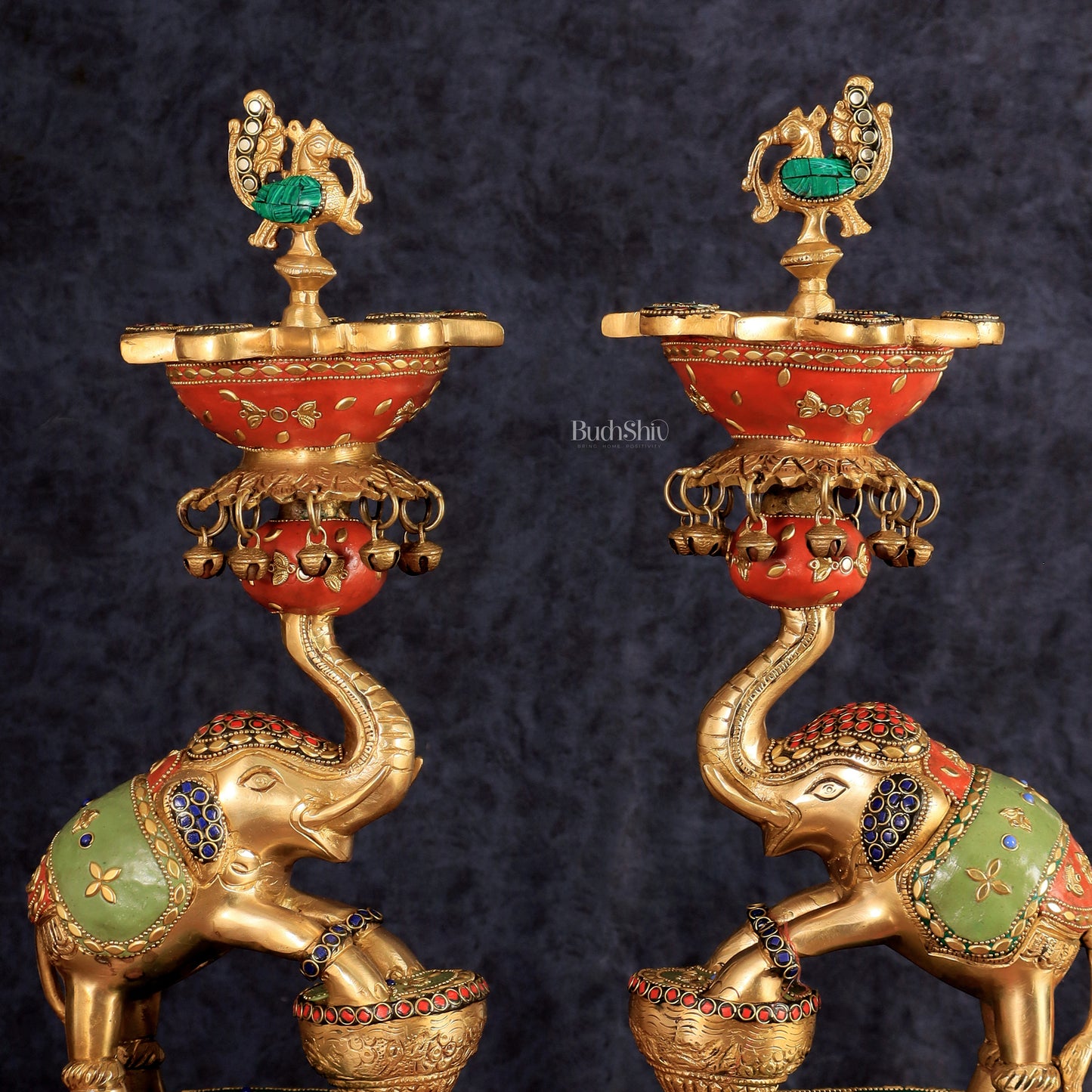 Exquisite Brass Peacock and Dancing Elephant Lamp Pair | 18"