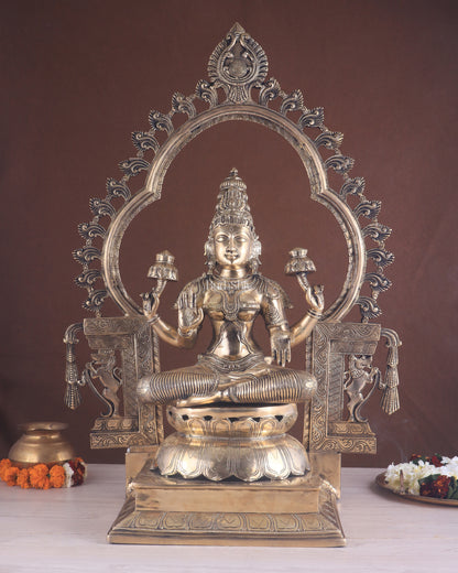 Pure Brass Large Goddess Lakshmi with Prabhavali Statue 32.5"