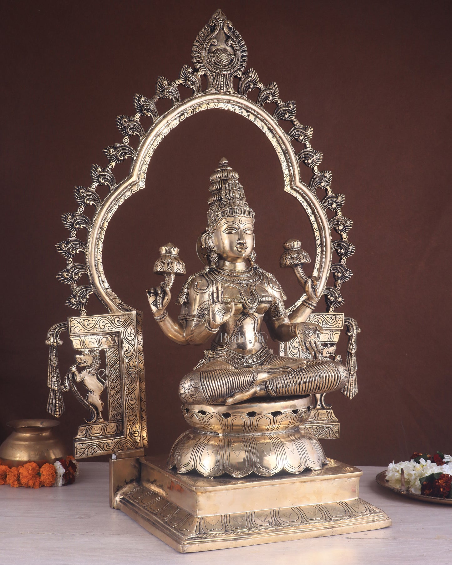 Pure Brass Large Goddess Lakshmi with Prabhavali Statue 32.5"