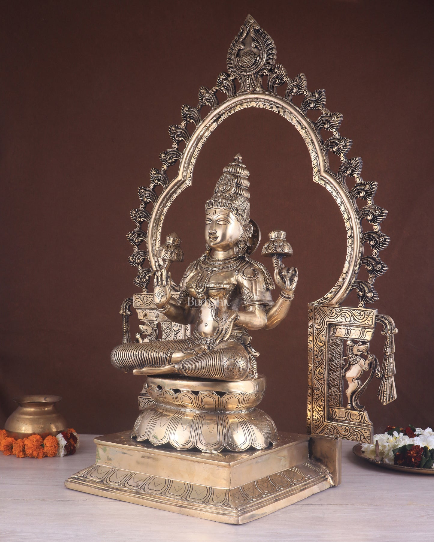 Pure Brass Large Goddess Lakshmi with Prabhavali Statue 32.5"