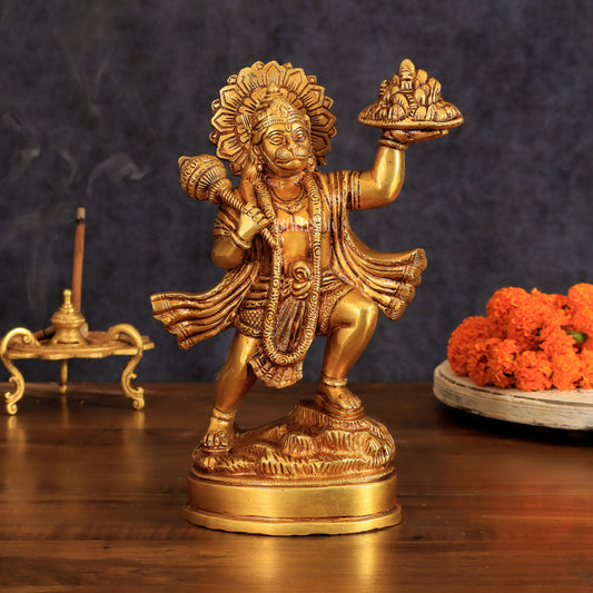 Superfine Brass Idol of Lord Hanuman with Sanjeevani Mountain 10 inch