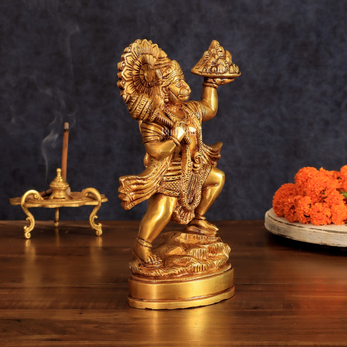 Superfine Brass Idol of Lord Hanuman with Sanjeevani Mountain 10 inch