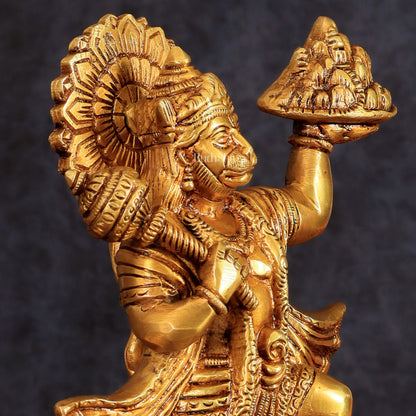 Superfine Brass Idol of Lord Hanuman with Sanjeevani Mountain 10 inch