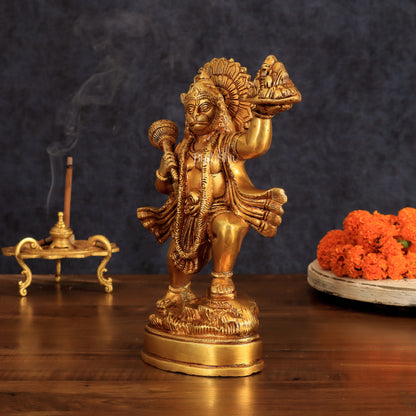 Superfine Brass Idol of Lord Hanuman with Sanjeevani Mountain 10 inch