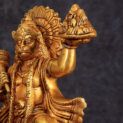 Superfine Brass Idol of Lord Hanuman with Sanjeevani Mountain 10 inch