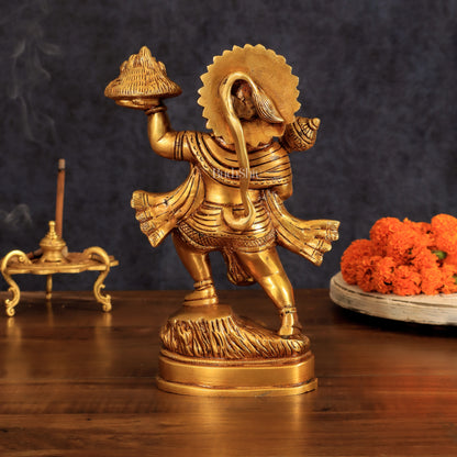 Superfine Brass Idol of Lord Hanuman with Sanjeevani Mountain 10 inch