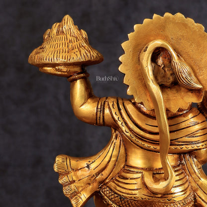 Superfine Brass Idol of Lord Hanuman with Sanjeevani Mountain 10 inch