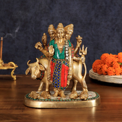 Pure Brass Dattatreya guru with a cow and four dogs idol