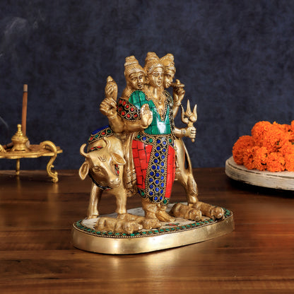 Pure Brass Dattatreya guru with a cow and four dogs idol