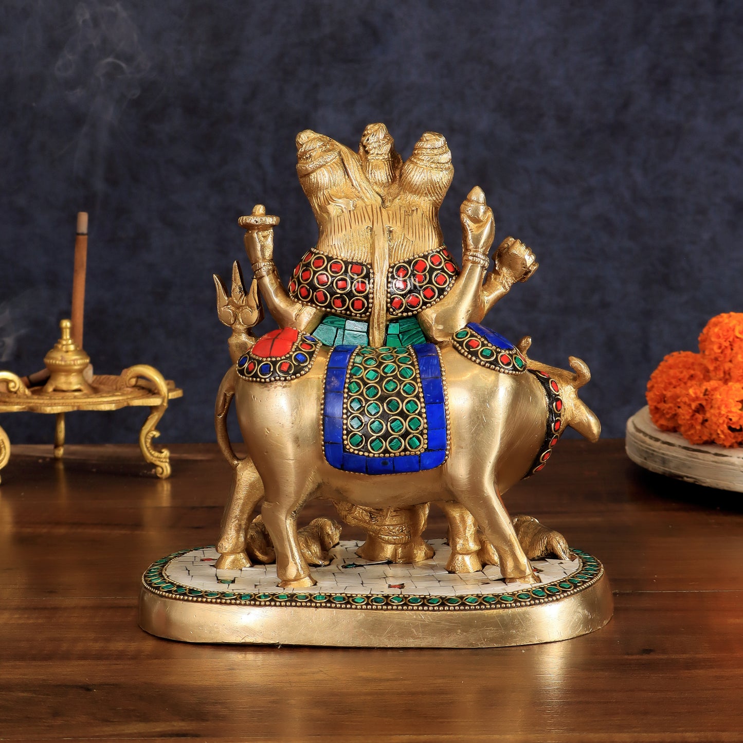 Pure Brass Dattatreya guru with a cow and four dogs idol