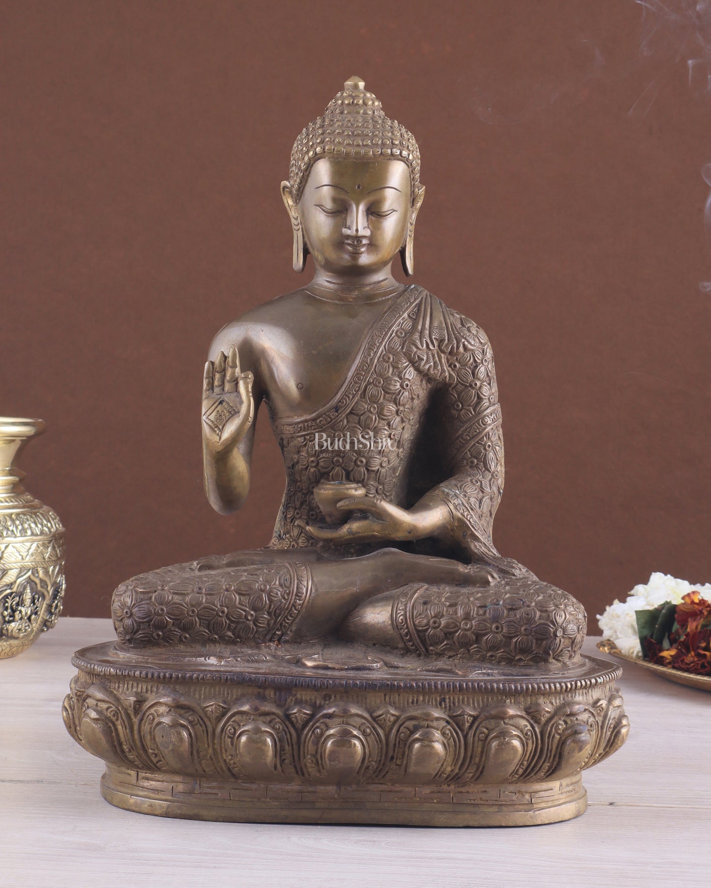 Pure Brass Antique Buddha Blessing Statue - 13.5" thick Copper tone