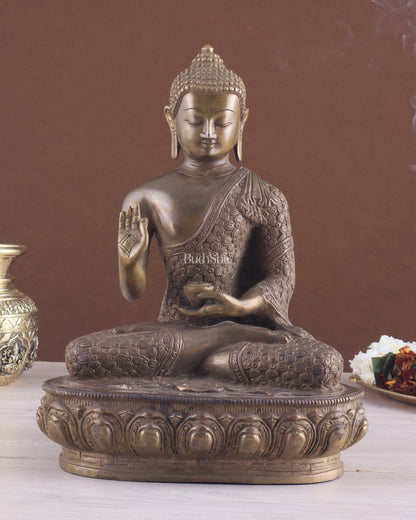 Pure Brass Antique Buddha Blessing Statue - 13.5" thick Copper tone