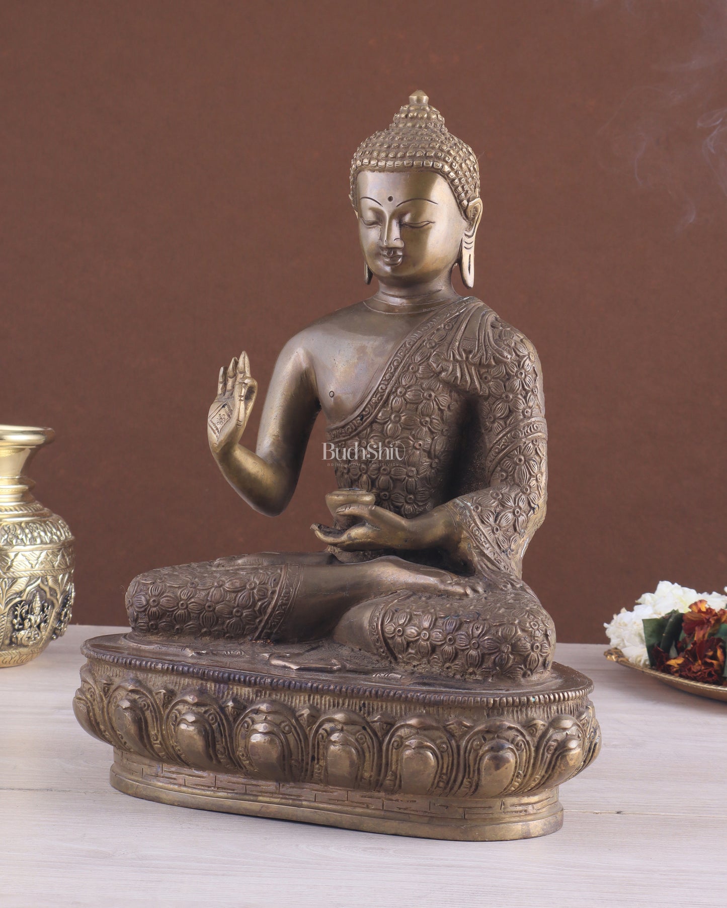 Pure Brass Antique Buddha Blessing Statue - 13.5" thick Copper tone