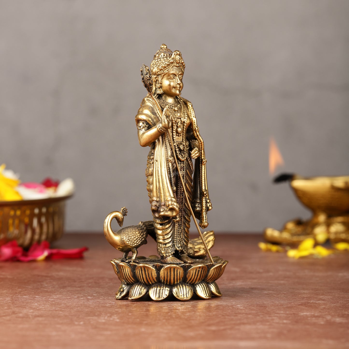 Brass Superfine Murugan Swamy Kartikeya with Peacock Idol | 6.5"