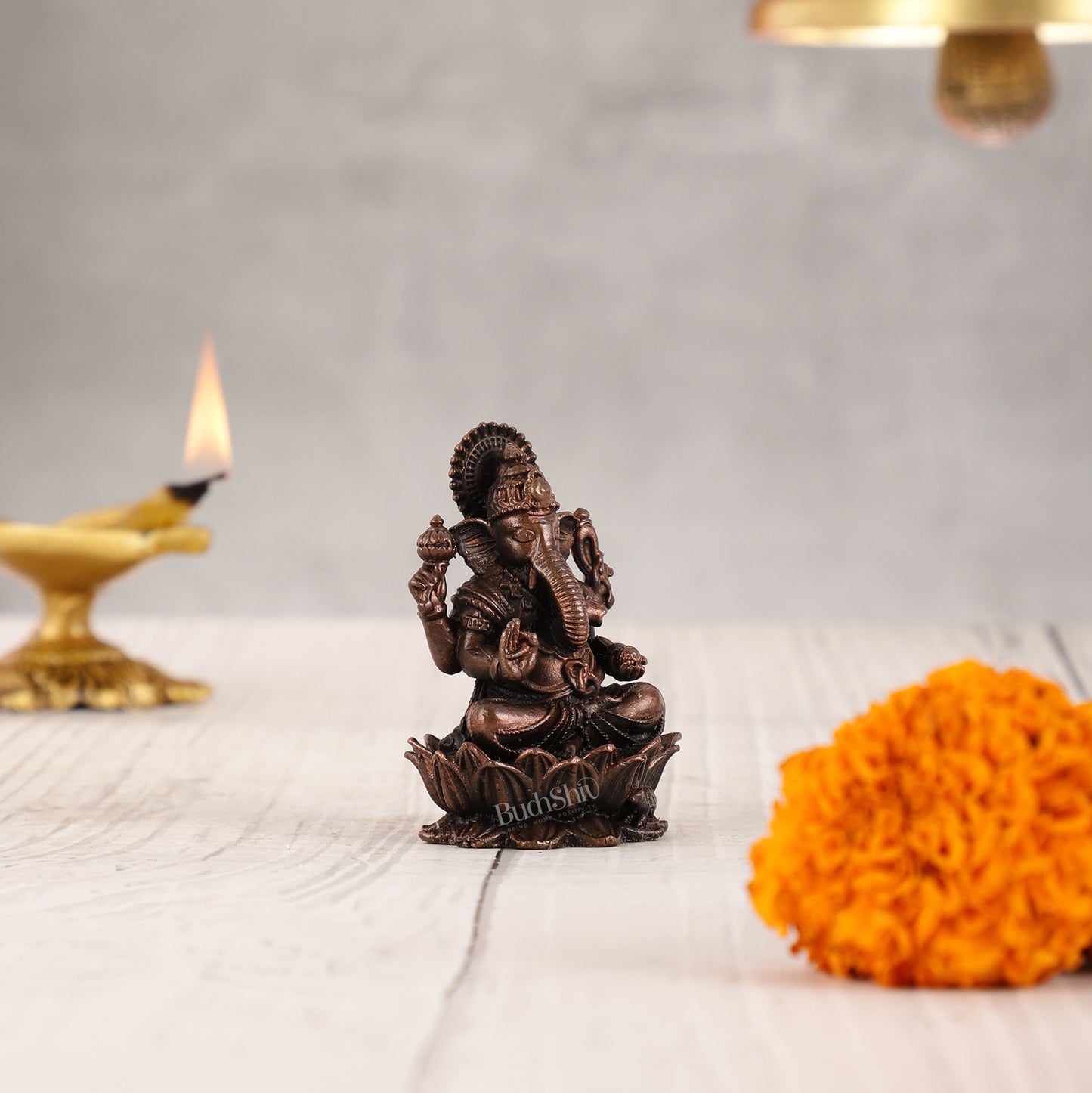 Small Pure Copper Ganapati on Lotus Idol | 2.5"