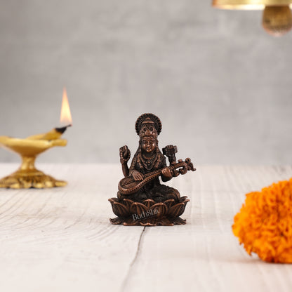 Pure Copper Saraswati on Lotus Idol | 2.5"