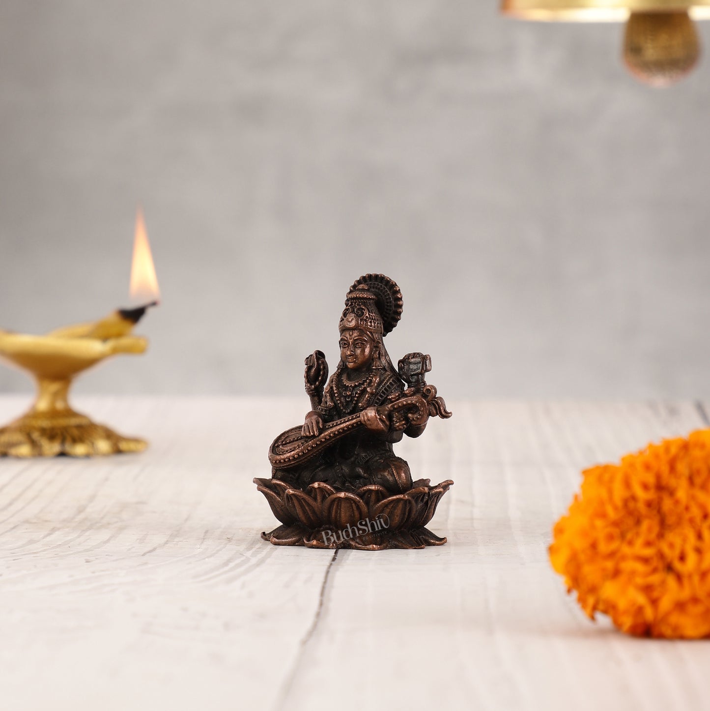 Pure Copper Saraswati on Lotus Idol | 2.5"