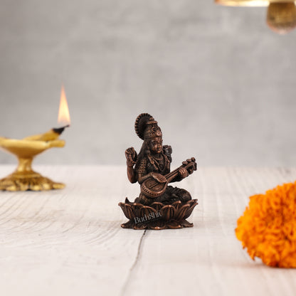 Pure Copper Saraswati on Lotus Idol | 2.5"
