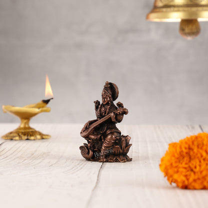 Pure Copper Saraswati on Lotus Idol | 3"