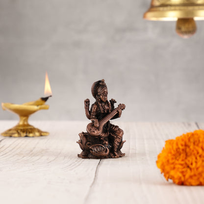 Pure Copper Saraswati on Lotus Idol | 3"