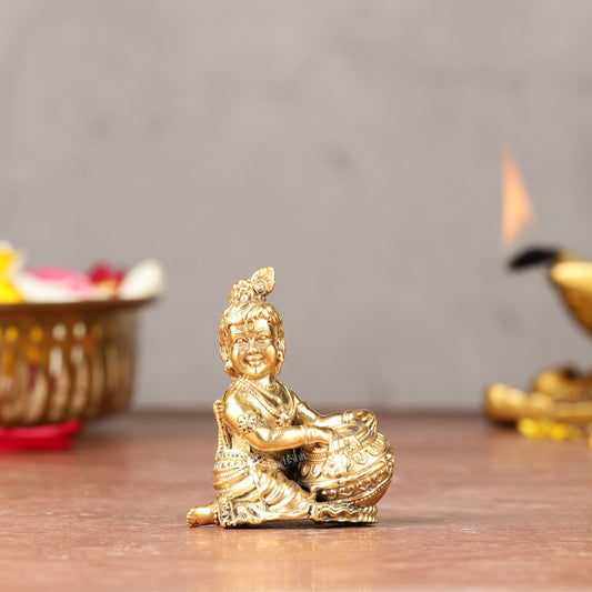 Brass Superfine Small Matki Krishna Makhanchor Idol Miniature | 2"