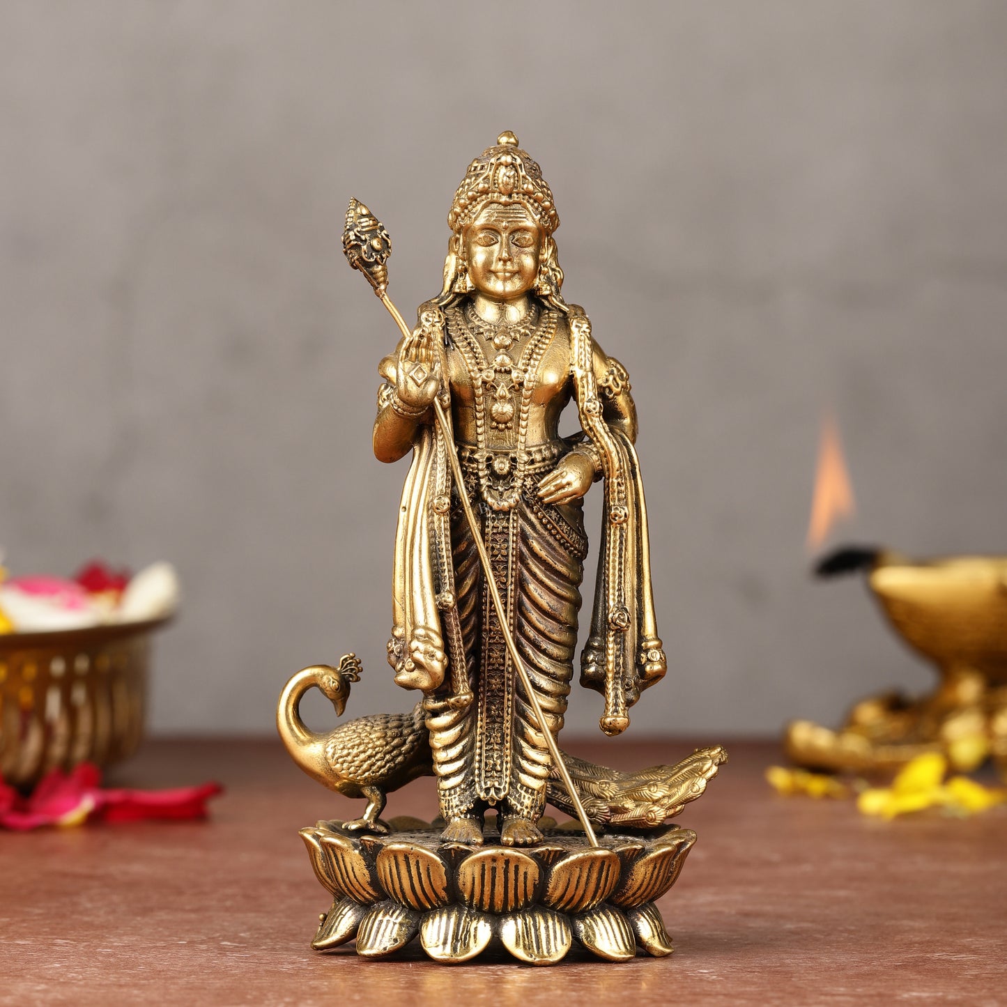 Brass Superfine Murugan Swamy Kartikeya with Peacock Idol | 6.5"