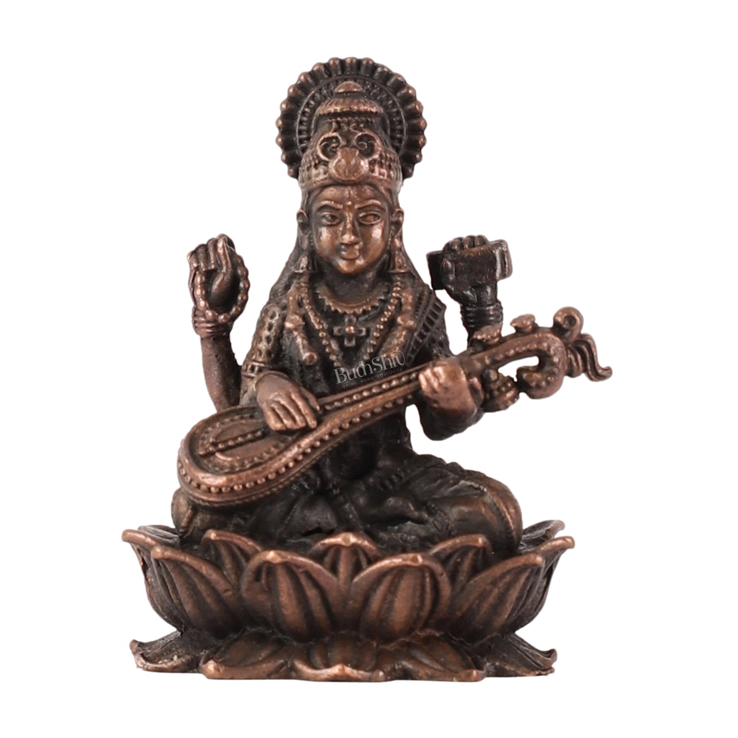 Pure Copper Saraswati on Lotus Idol | 2.5"