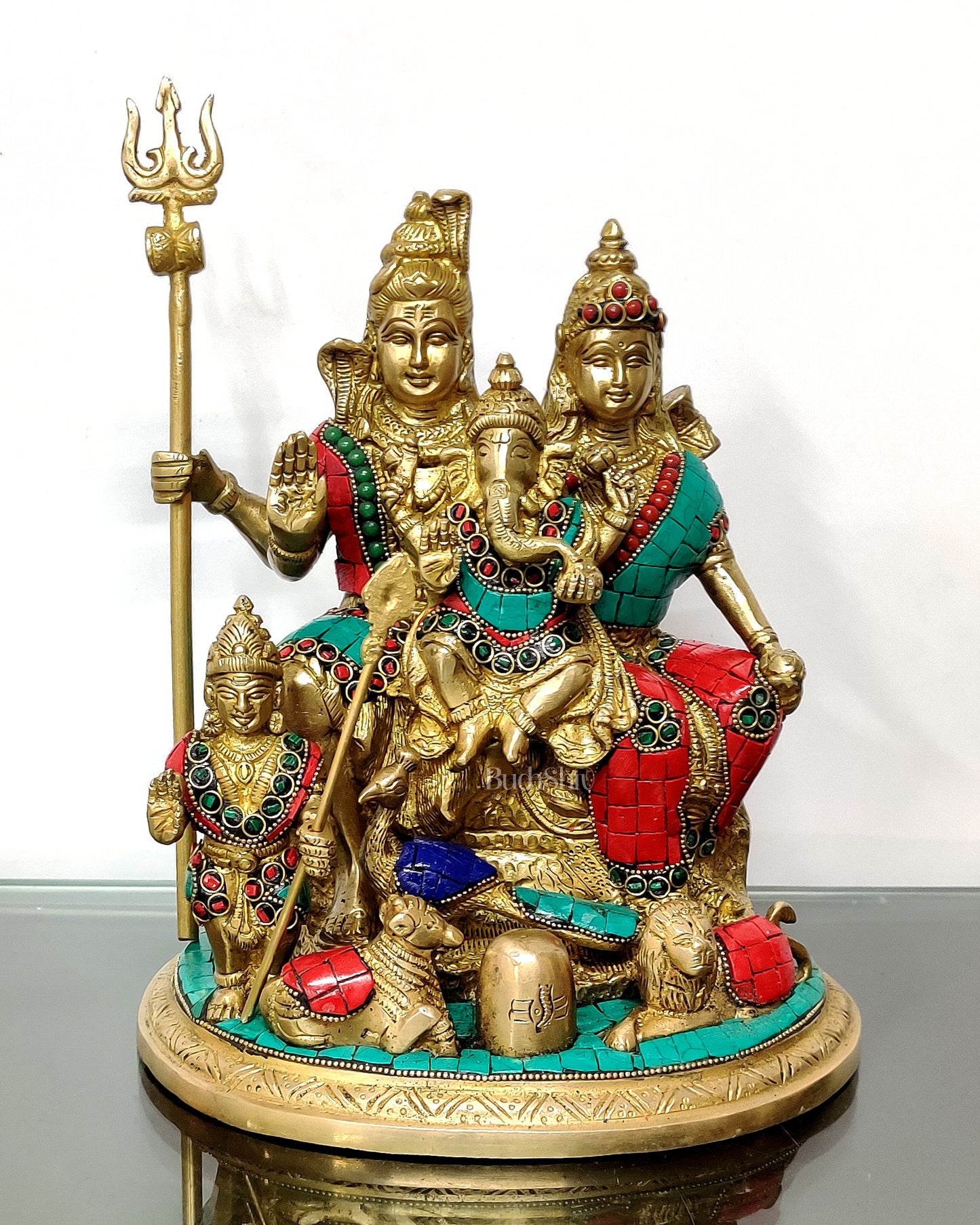 Brass Lord Shiva Parivaar Idol stonework 9.5 inch