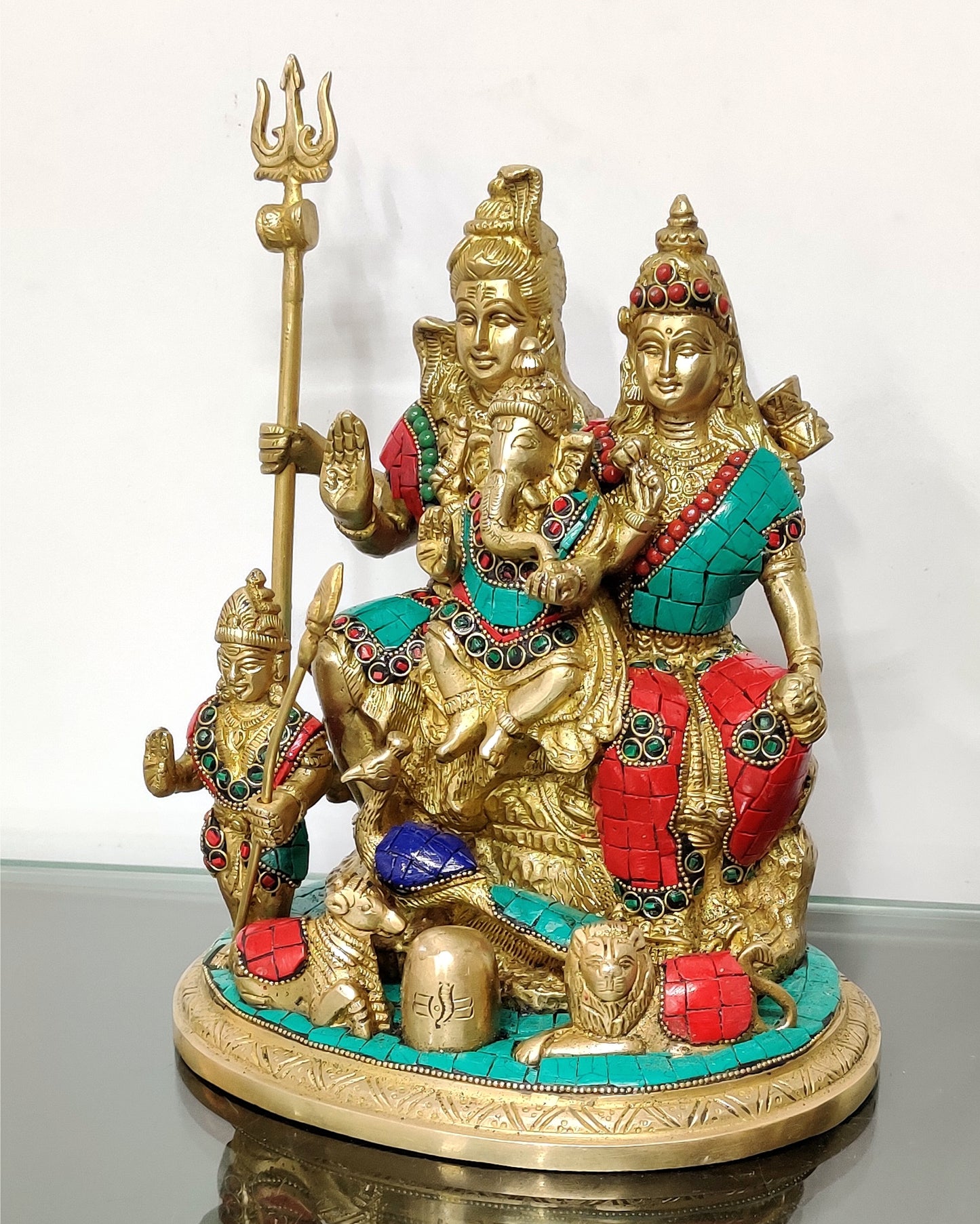 Brass Lord Shiva Parivaar Idol stonework 9.5 inch