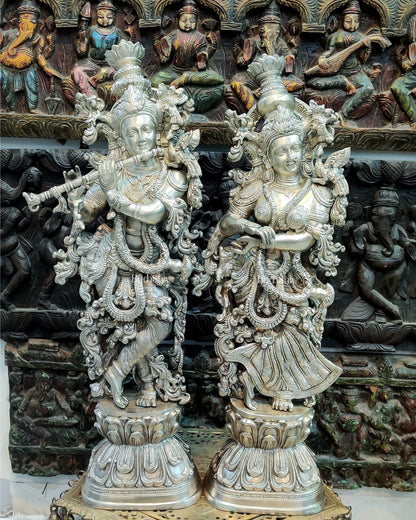 Graceful Silver-Plated Brass Radhakrishna Idols for Home Decor 29"