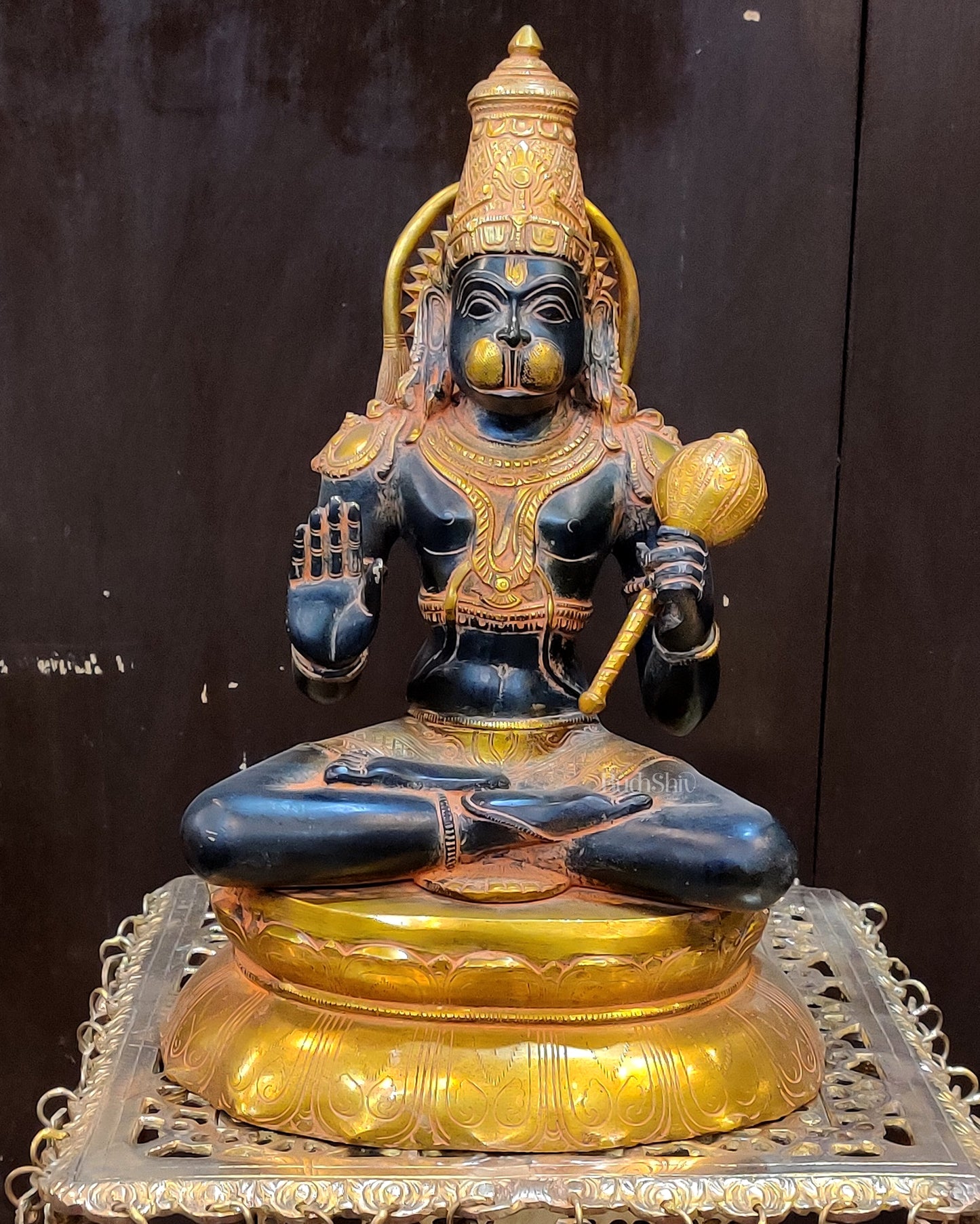 Handmade Superfine Brass Lord Hanuman Statue Black Stone Finish | 16"