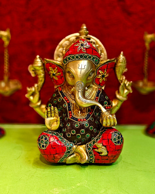 Brass Ganapathi Idol with Sharp Features - 8 Inch