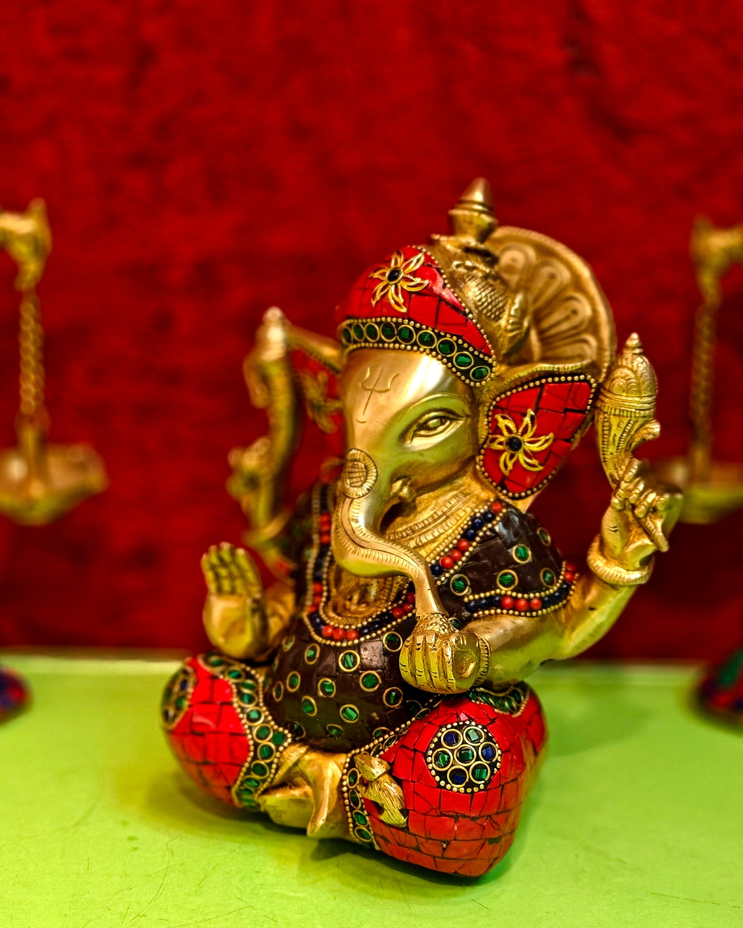 Brass Taj Ganesha Idol with Sharp Features - 8 Inch