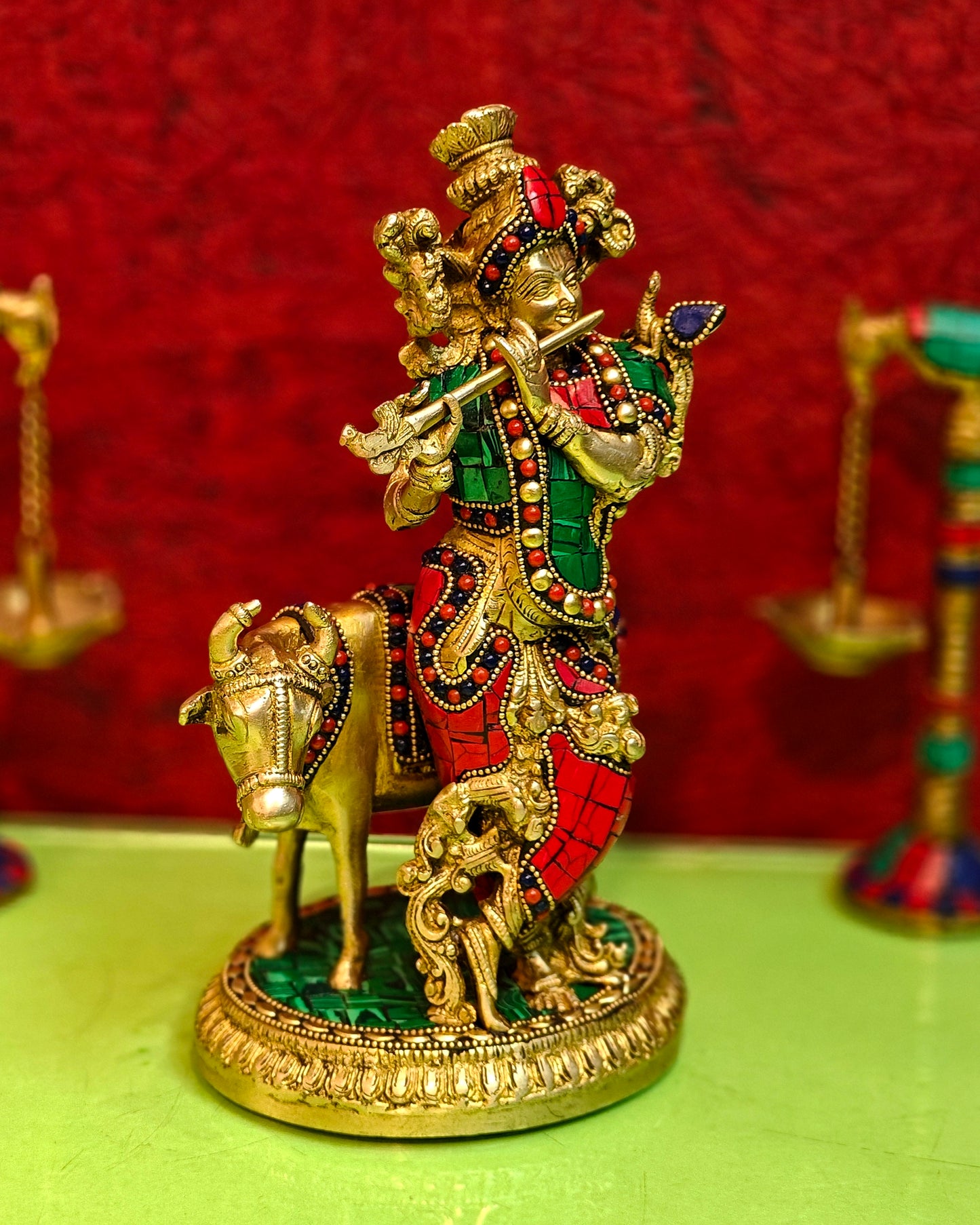 Handcrafted Krishna with Cow Brass Idol 10.5 inch