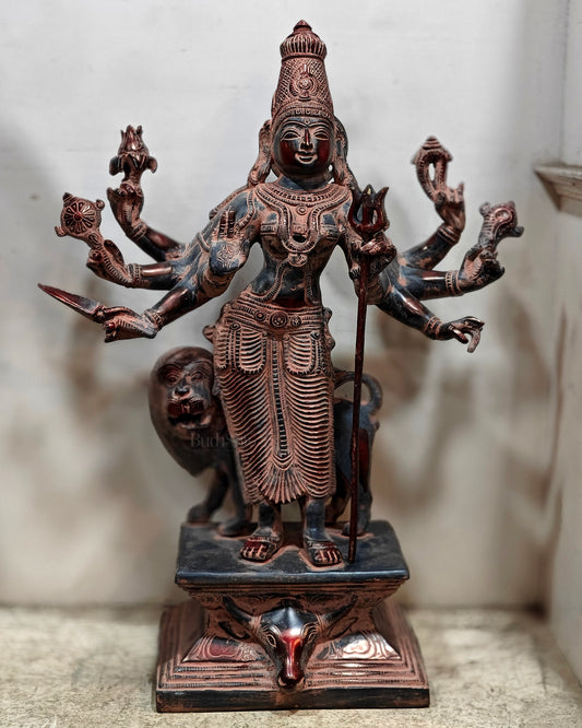 Standing Durga Brass idol with 8 arms and lion 18 inch antique