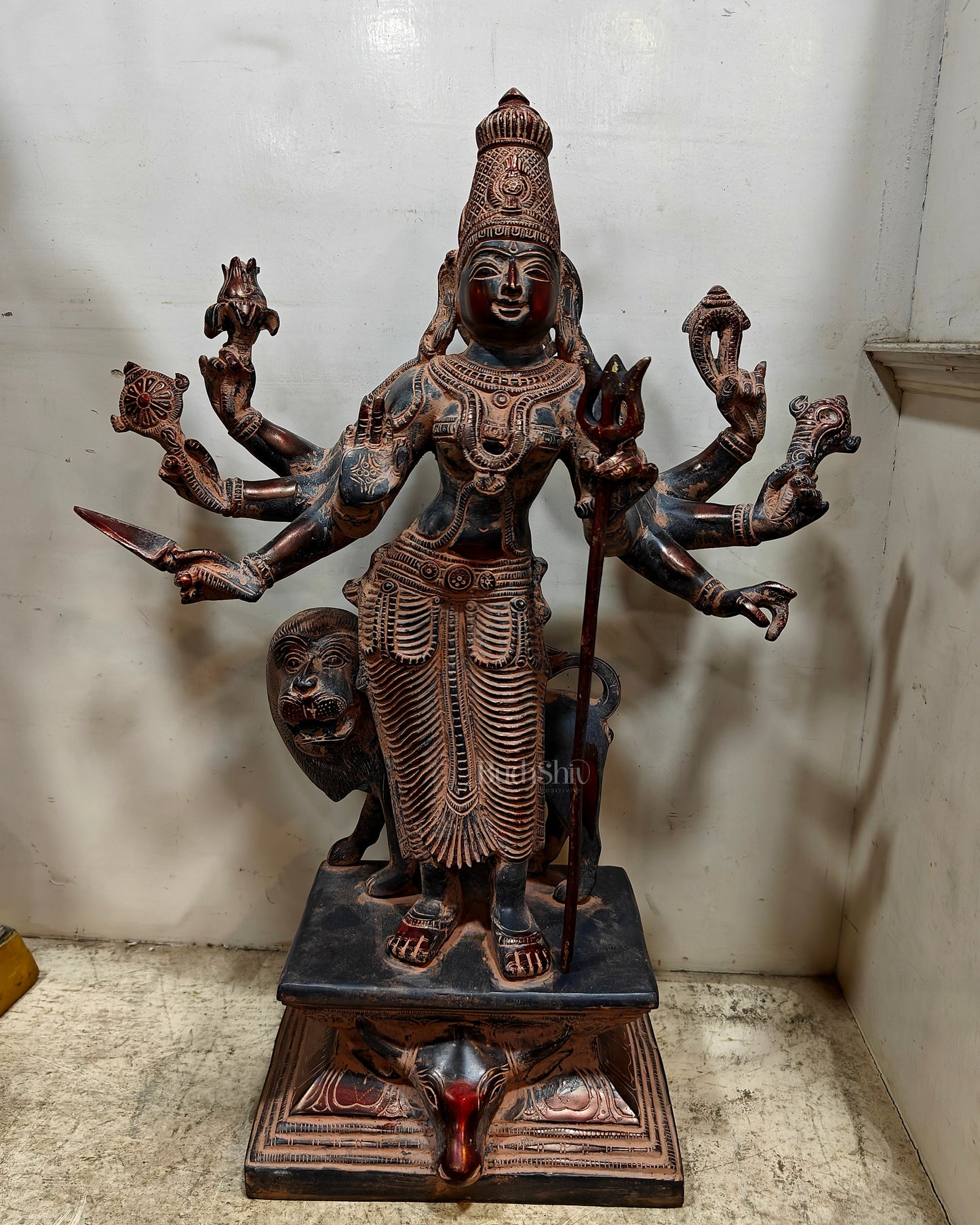 Standing Durga Brass idol with 8 arms and lion 18 inch antique