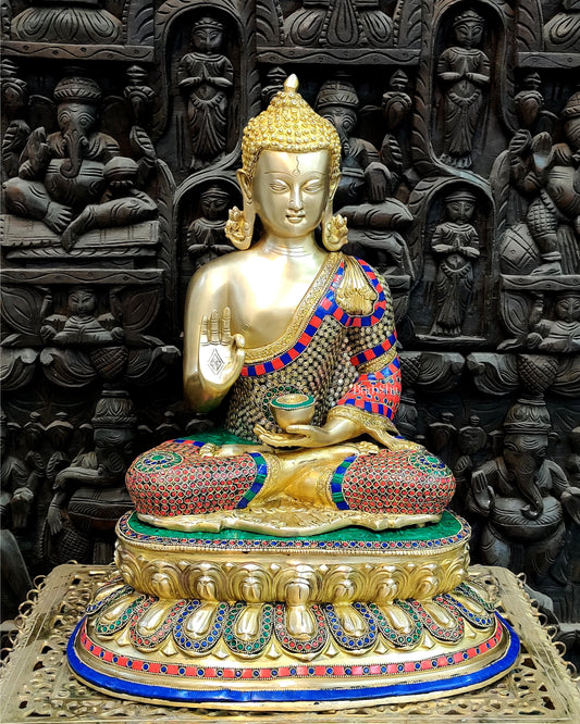 Brass Blessing Buddha with Stonework 21"