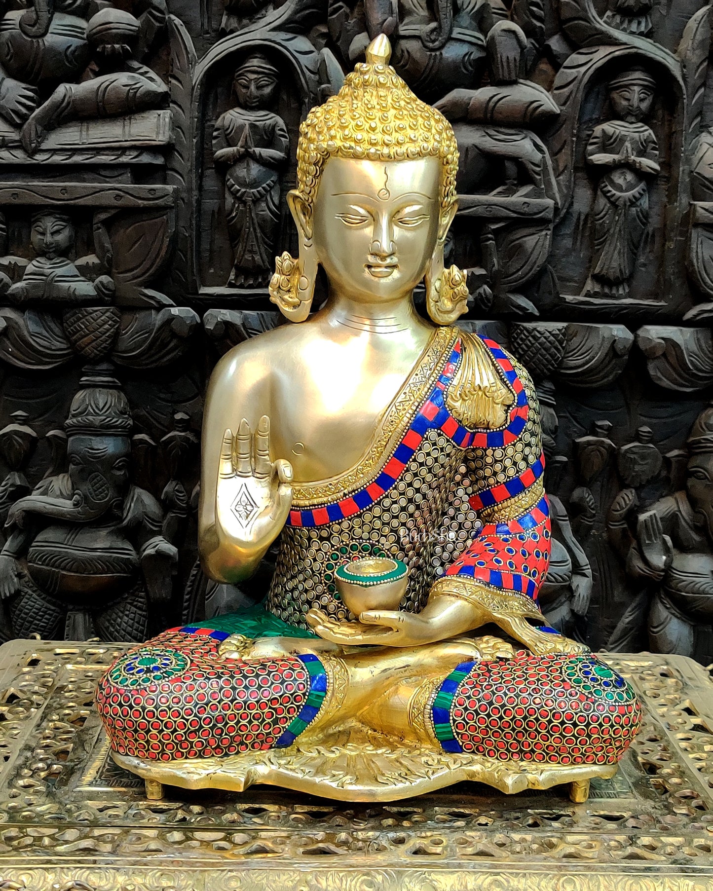 Brass Blessing Buddha with Stonework 16"