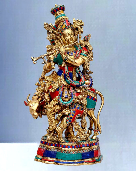 Krishna with Cow 26 inches Brass idol multicolour stonework