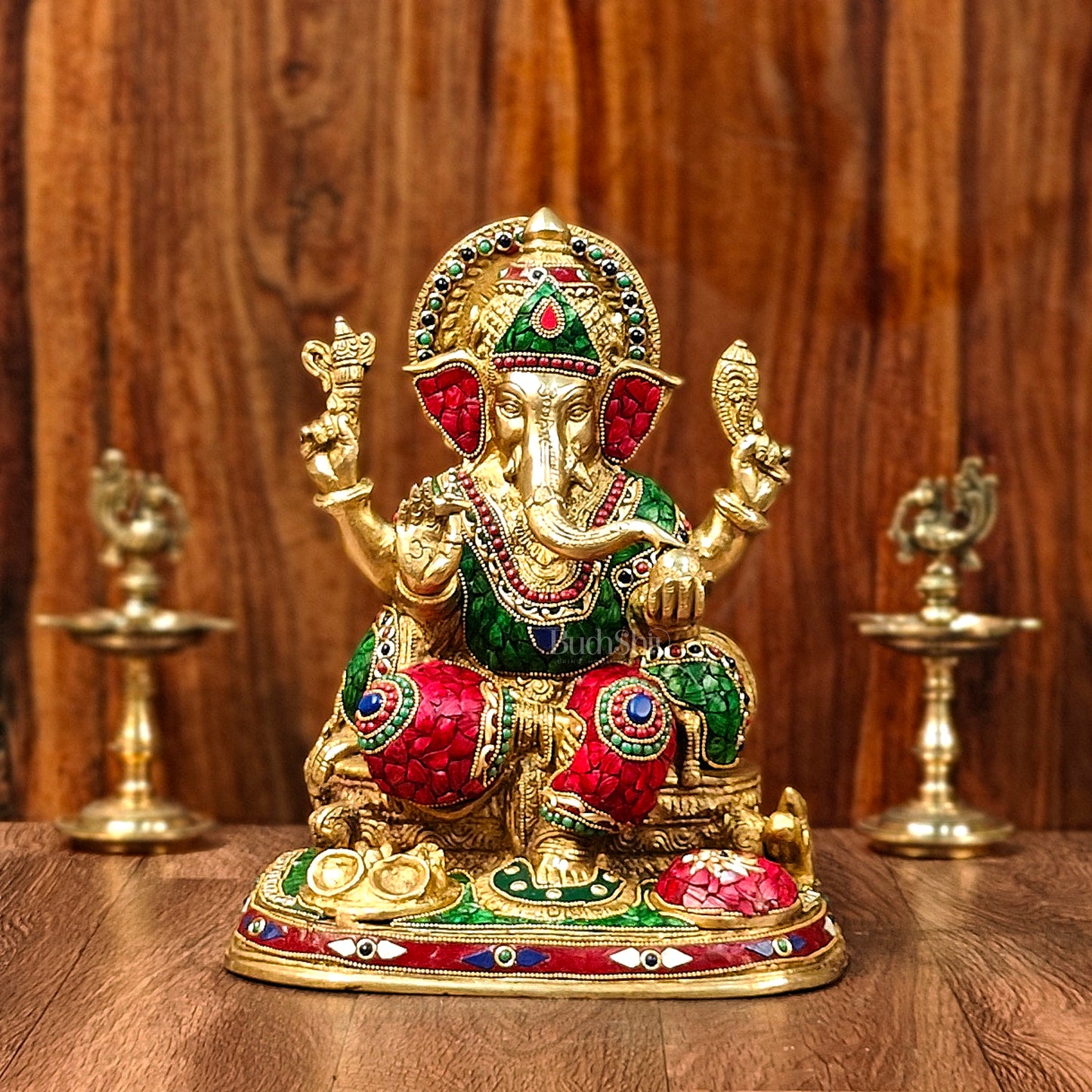 Ganesha Brass statue with stonework 13 inch unique meenakari