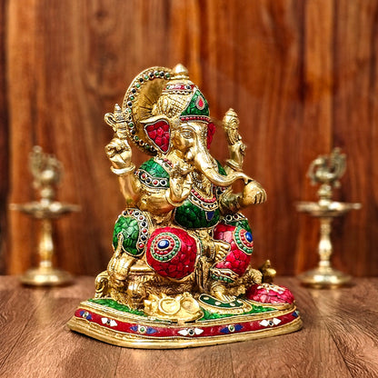 Ganesha Brass statue with stonework 13 inch unique meenakari