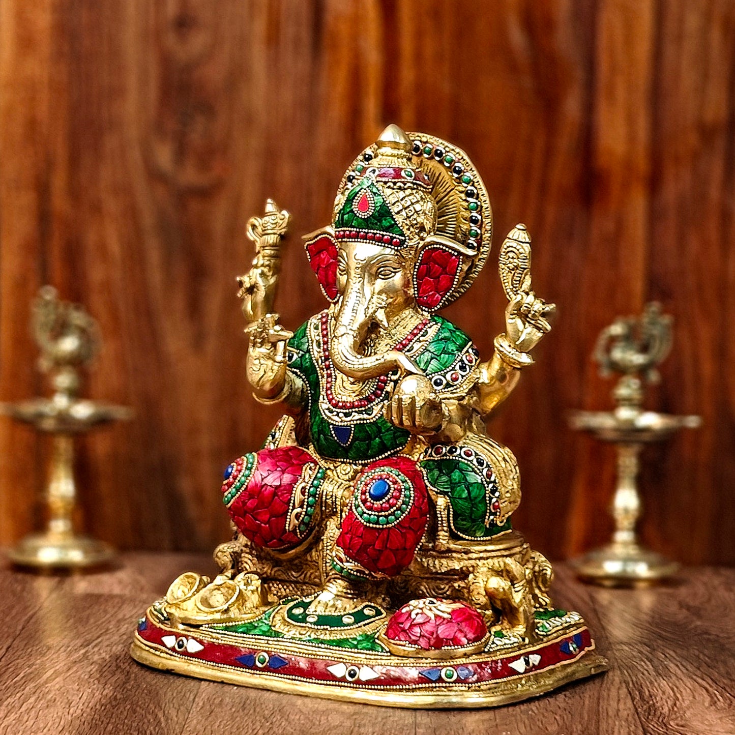 Ganesha Brass statue with stonework 13 inch unique meenakari