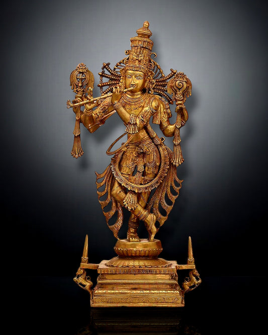 Brass Krishna Statue: Handcrafted Superfine Brass Idol 40"